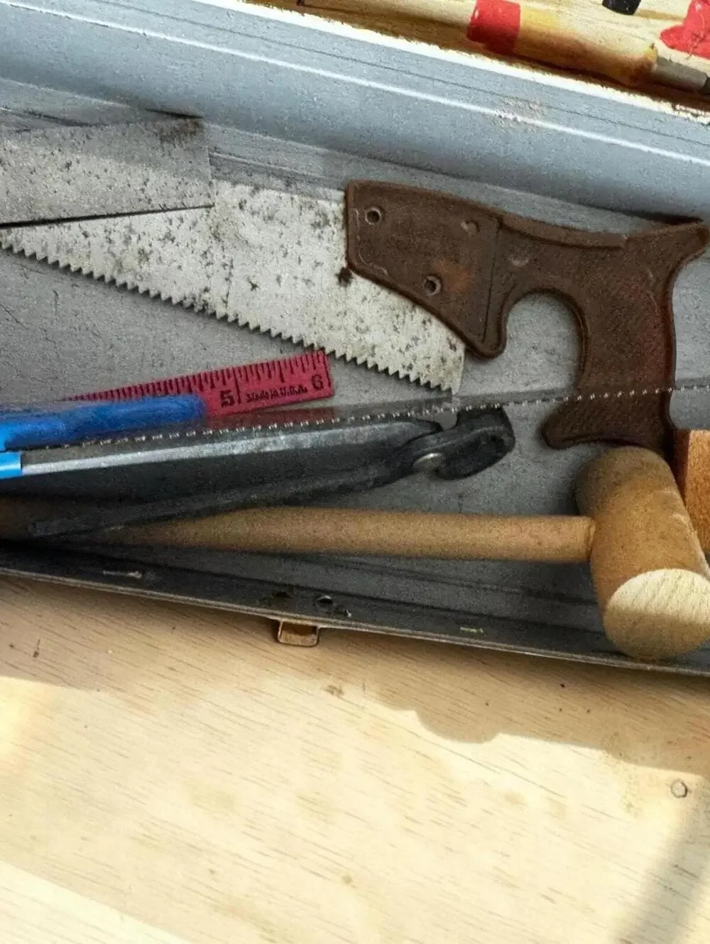 Tool Chest Vintage Junior Tools Star, Tin Lithographed Lid, Blue Plastic Saw